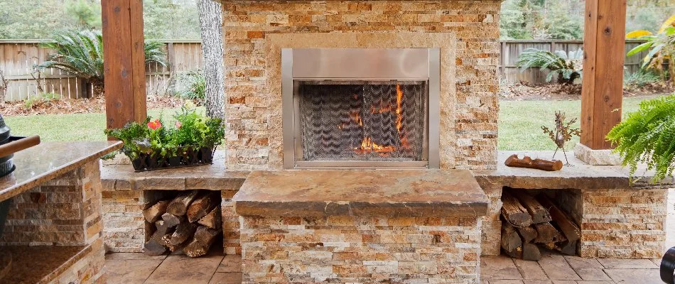 Outdoor fireplace in Kingwood, TX, with fire screen and wood.