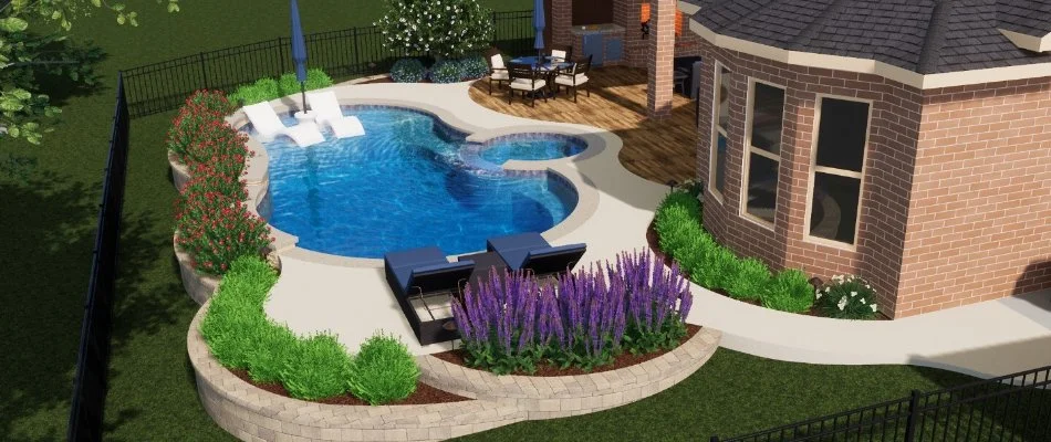 3D design rendering of a landscape around a pool in Kingwood, TX.