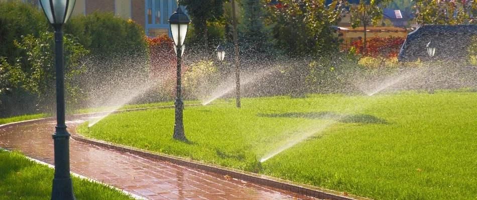 Lawn in New Caney, TX, with irrigation sprinkler heads and lamp posts.