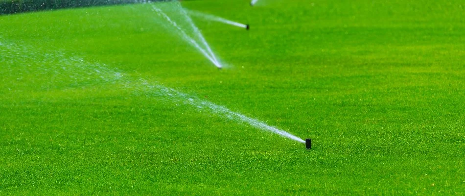 Running sprinklers on a green lawn in Kingwood, TX.